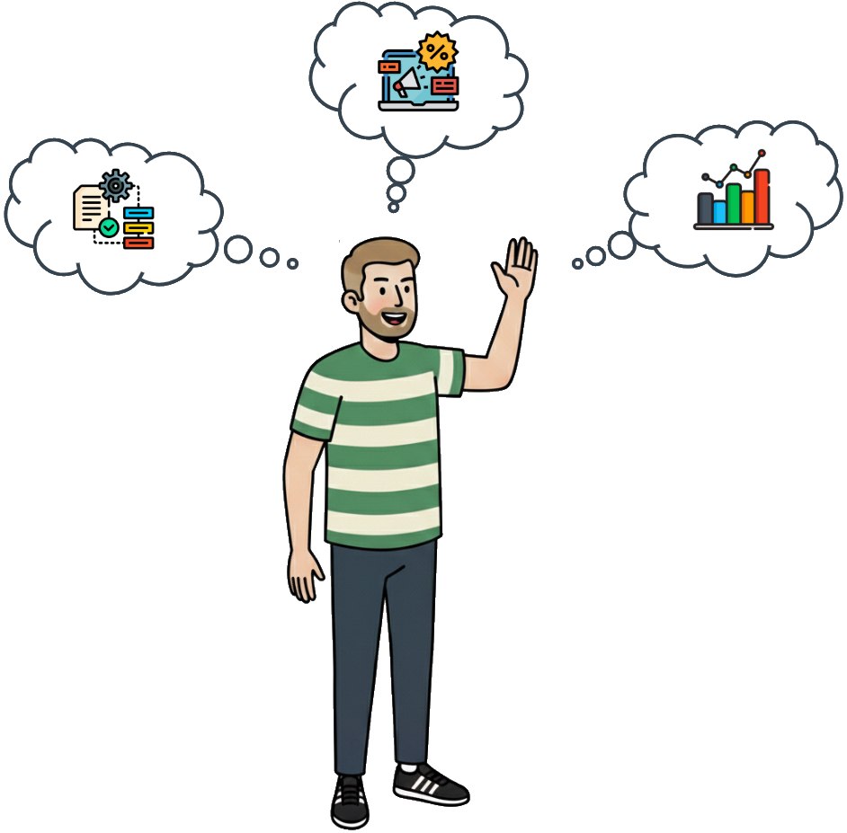 Illustration of David waving, thinking about workflows, landing pages and charts